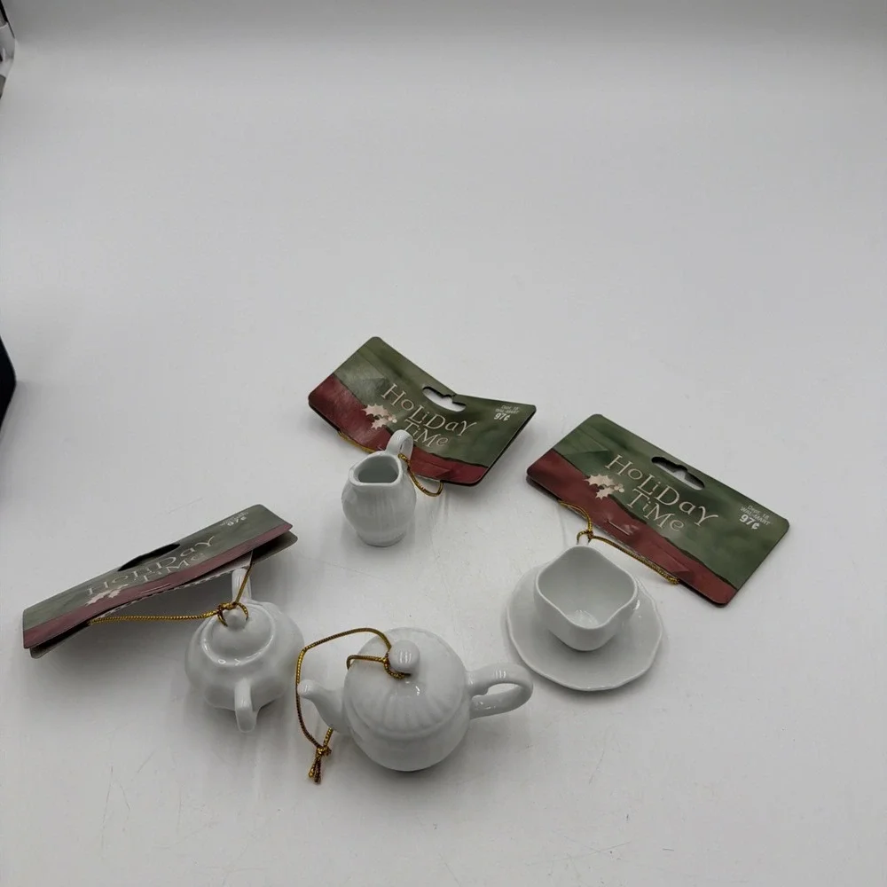 Vintage White Porcelain 4 Piece Miniature Tea Set Ornaments Holiday Time